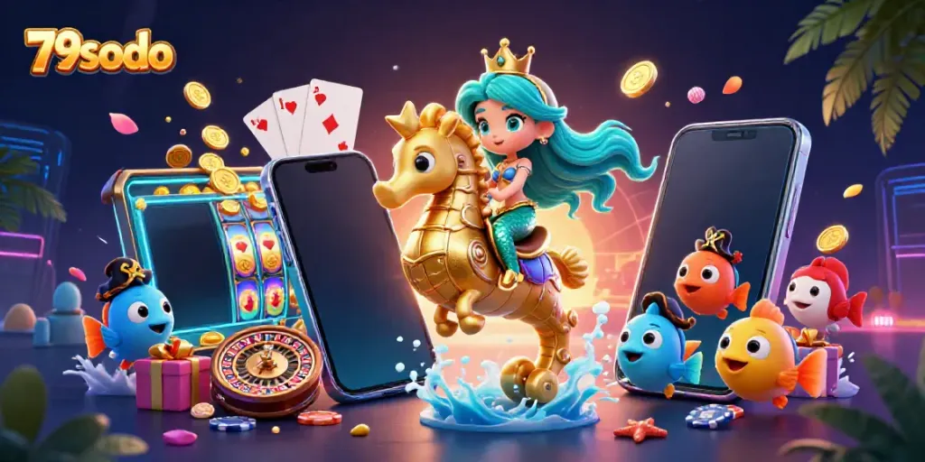 Experience excitement with 79sodo in this vibrant casino-inspired 3D illustration of games.