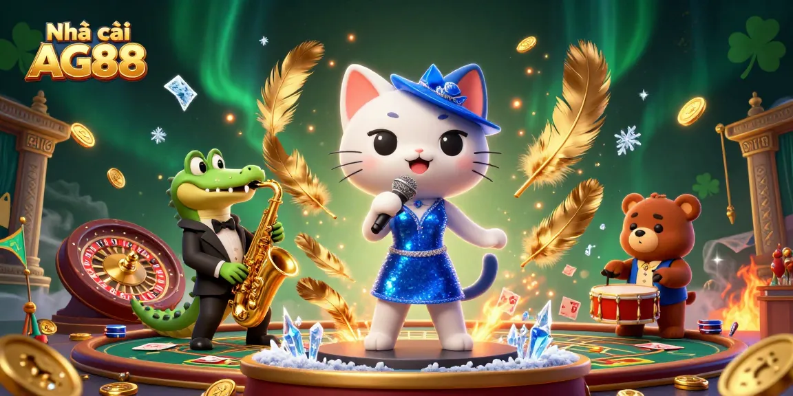 Engage with Nhà cái AG88 in a vibrant casino scene featuring a singing cat and lively characters.