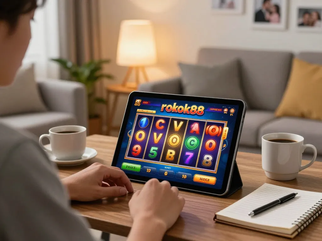 Bermain slot rokok88 di tablet dalam suasana rumah yang nyaman.