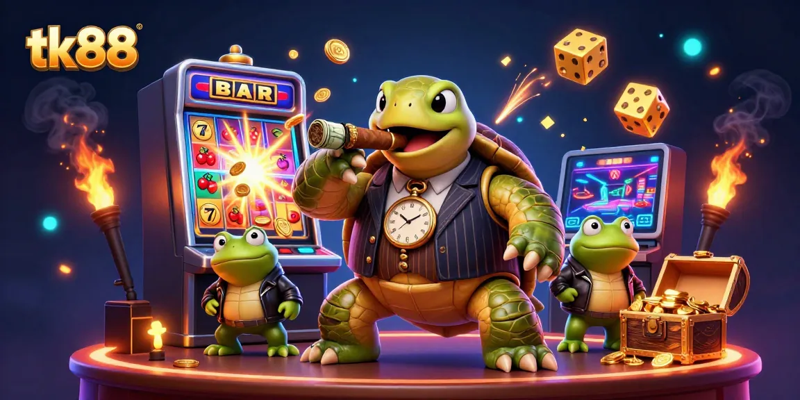 Experience the excitement of tk88 at this vibrant casino scene with a winning snapping turtle and lively game elements.