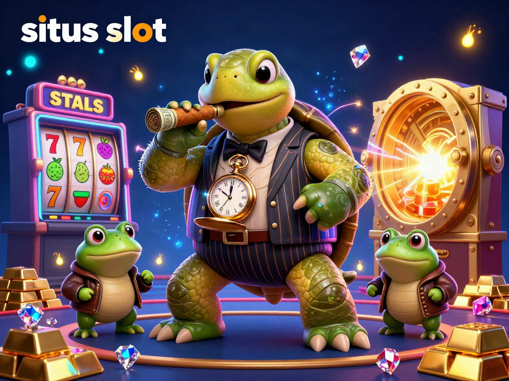 Situs slot illustration featuring a snapping turtle mobster and bullfrog enforcers amidst slots and gold treasures