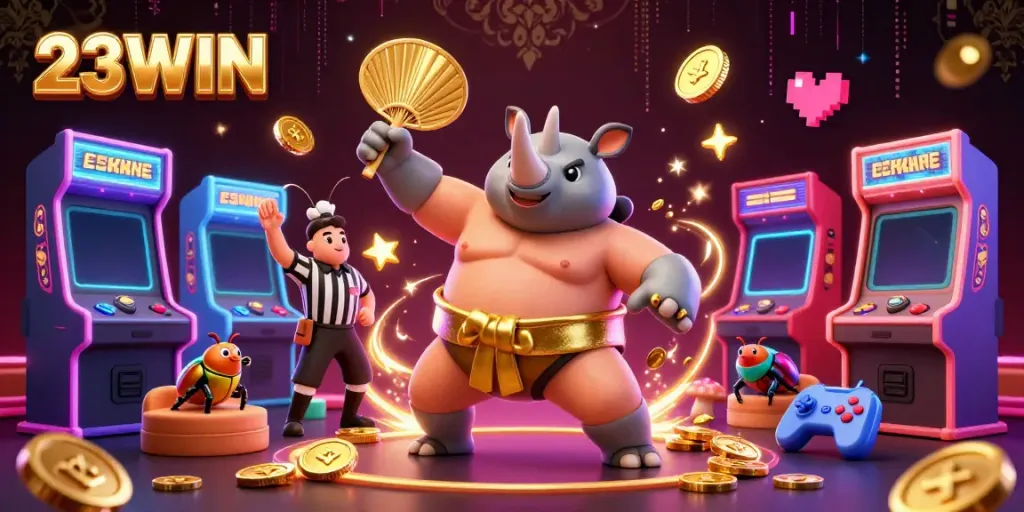 Experience vibrant casino action with "23WIN" at the center, featuring a beetle sumo champion and colorful game machines.