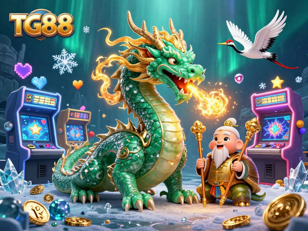 Experience the excitement of TG88 with vivid game elements, highlighted by a majestic jade dragon and colorful arcade machines.