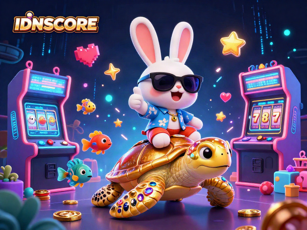 Experience thrilling wins with IDNSCORE's lucky rabbit and golden turtle in a vibrant casino scene.