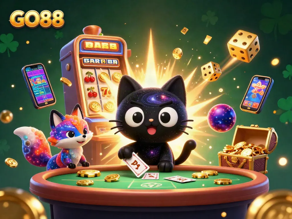 GO88 cat draws in golden chips at a cosmic casino, highlighting thrilling gambling excitement.