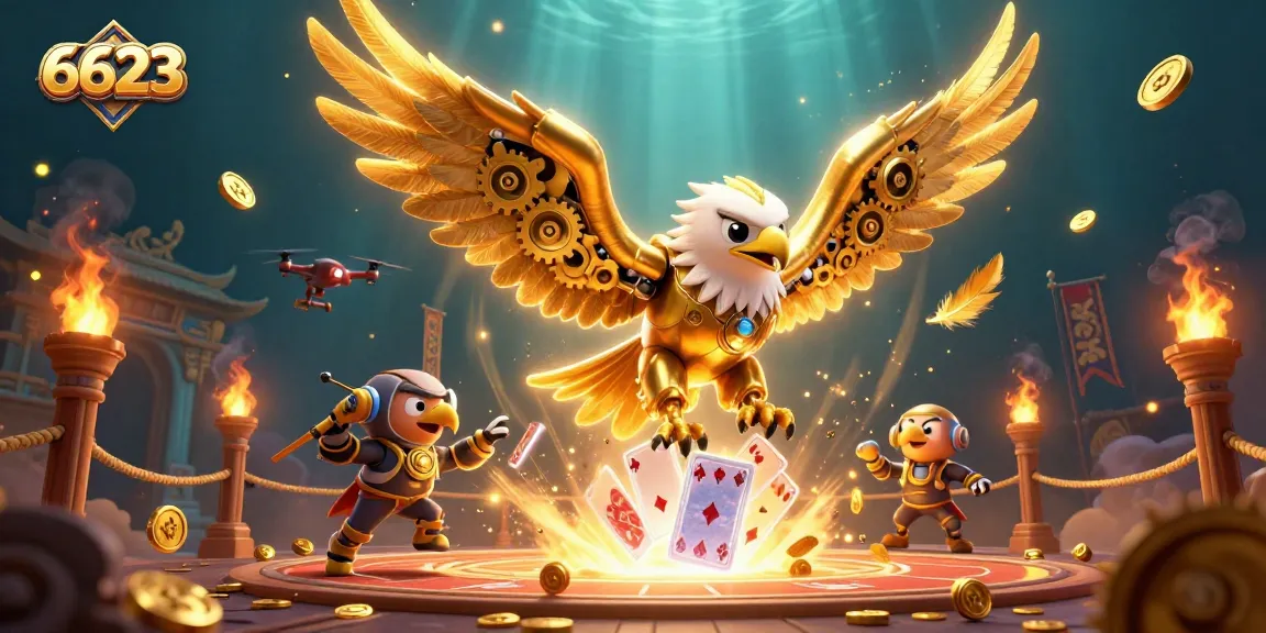 Engage in exhilarating gambling adventures with 6623, featuring the cybernetic golden eagle surrounded by vibrant casino elements.