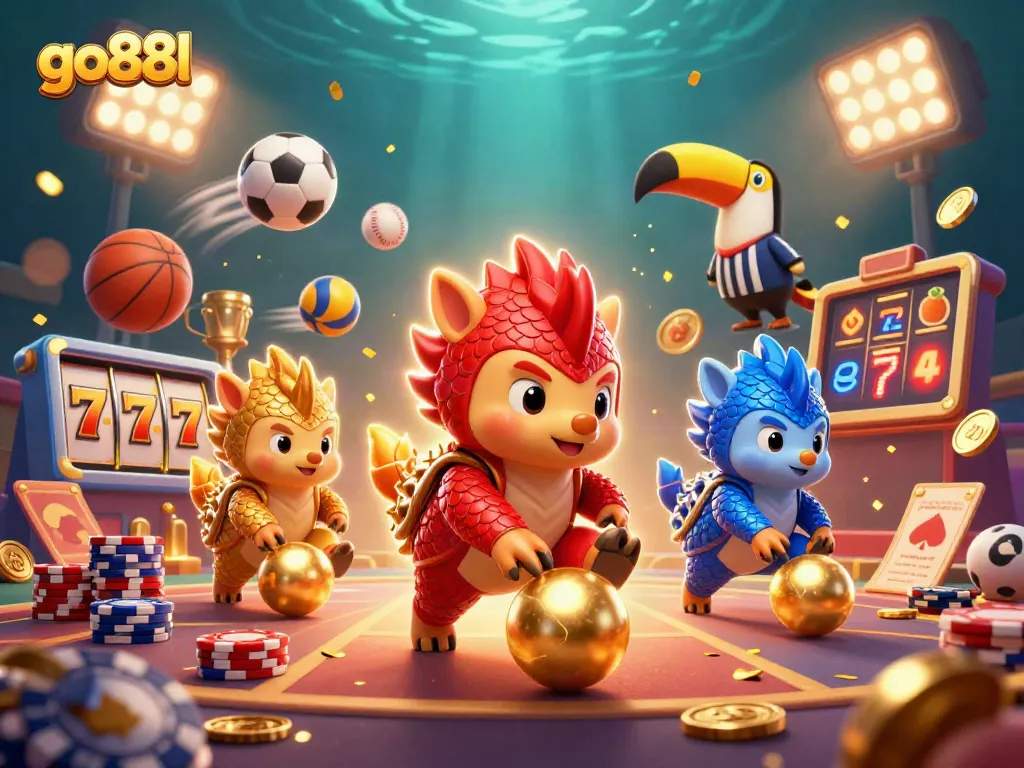 Engage in exciting gameplay with go88l as rival pangolins roll golden balls and showcase slot elements.