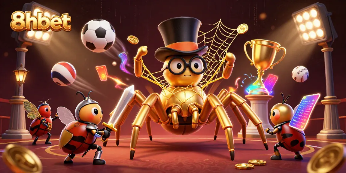 Experience 8xbet's thrilling gaming atmosphere with a dynamic scene featuring a golden tarantula and sports elements.