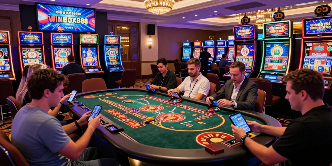 Dynamic gaming atmosphere featuring Winbox888 with players enjoying live casino games and vibrant slot machines.