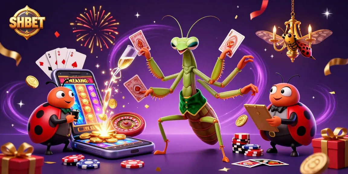 Engage in exciting gameplay at SHBET with a vibrant 3D illustration of casino action featuring cards, chips, and celebratory elements.
