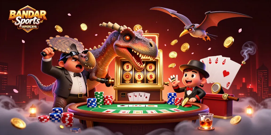 BANDAR Sports TERPERCAYA showcases a vibrant casino scene with dinosaurs engaging in energetic gaming for maximum jackpots.