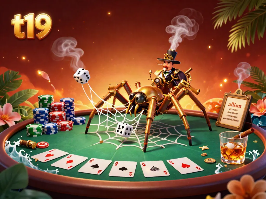 Engage with the t19 steampunk-themed casino adventure, featuring a golden spider and dice in a vibrant scene of poker elements.