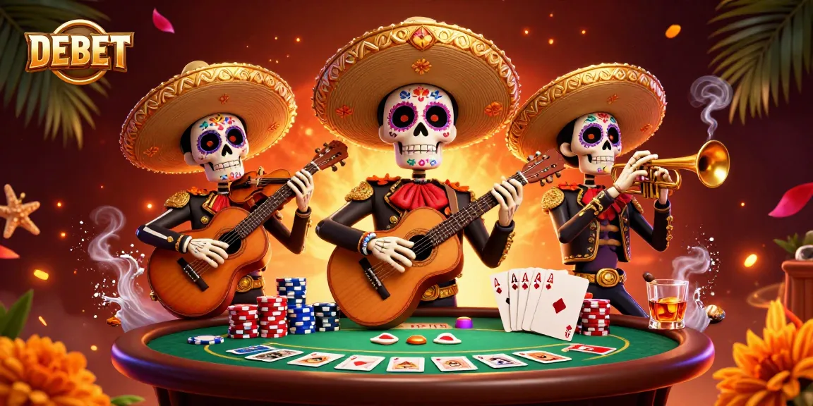 Engage in thrilling poker gameplay with DEBET featuring a vibrant mariachi band illustration.