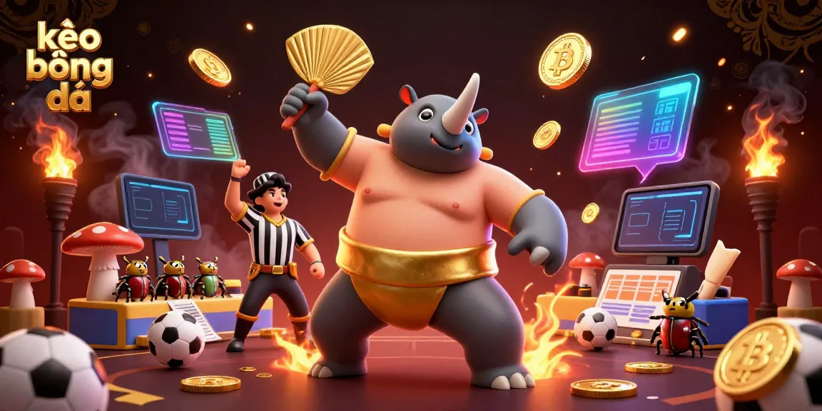 Bet on kèo bóng đá with a sumo beetle champion amidst flying coins and digital betting elements
