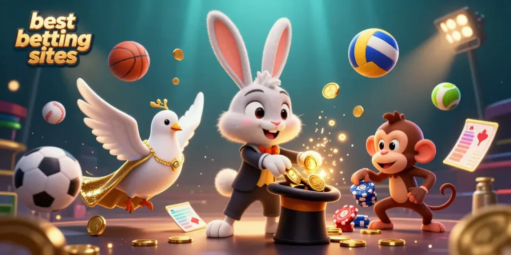 Experience the excitement of the best betting sites with animated characters in a vibrant casino scene.