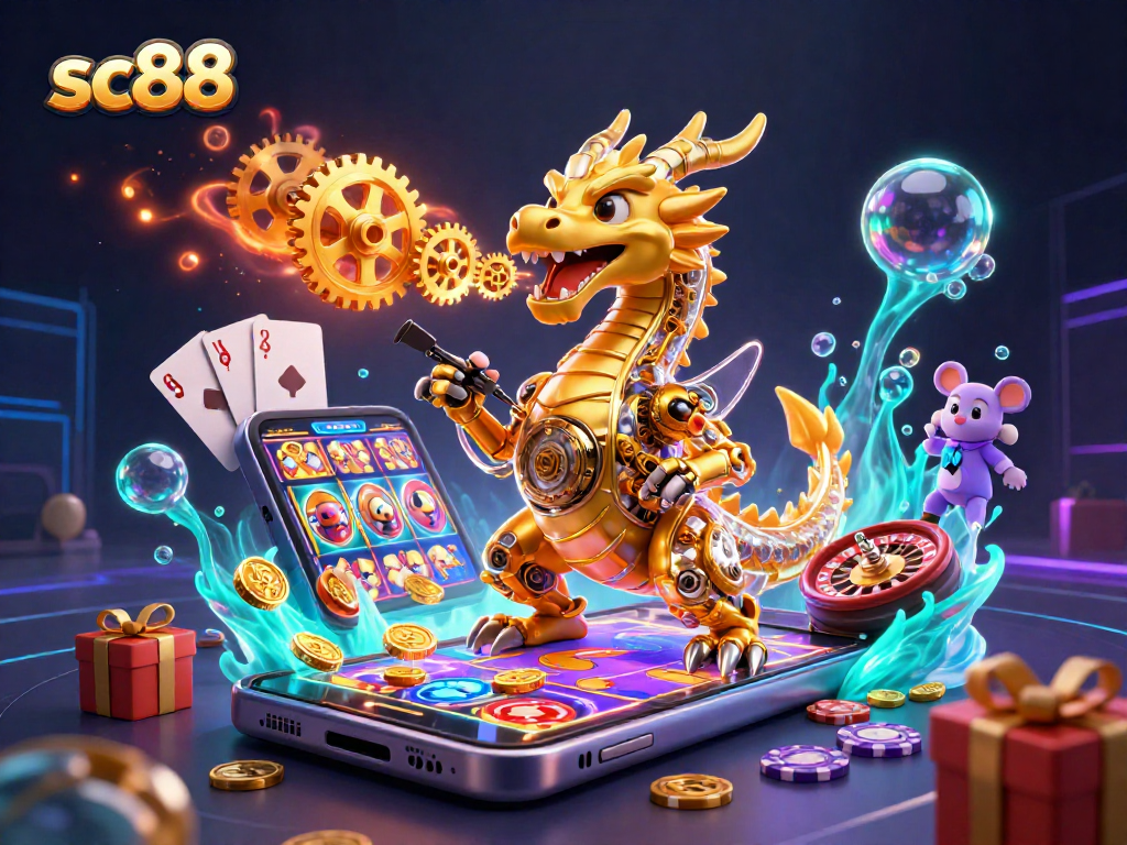 Watch the sc88 dragon exhale golden gears in a vibrant casino-themed illustration featuring slots and cards.