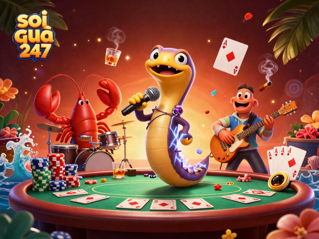 Soi cầu 247 features an electric eel DJ performing with lively casino elements, enhancing the gambling experience.