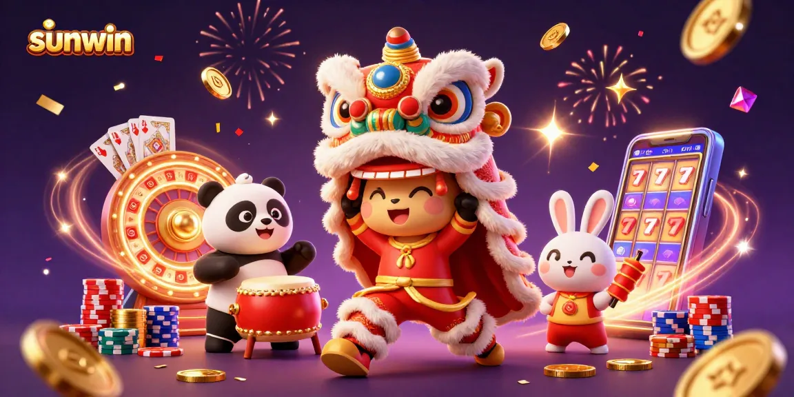 Experience thrilling wins with sunwin's vibrant casino scene featuring a festive lion dance and dynamic game elements.