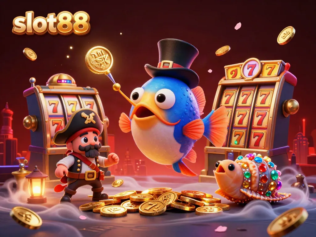 Engaging scene featuring slot88, where a cartoon anglerfish attracts glowing coins among vibrant slot machine elements.
