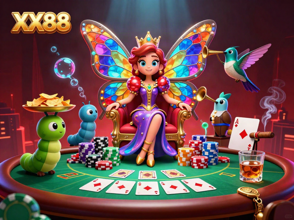 Experience thrilling gameplay at XX88, featuring a colorful butterfly queen with poker elements and vibrant casino ambiance.