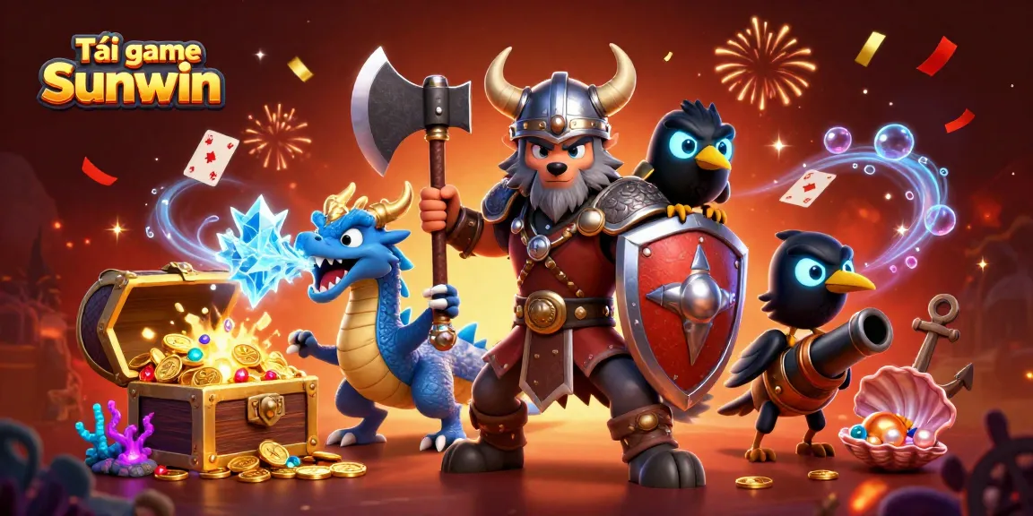 Tải game Sunwin and join the adventure with a Viking wolf, dragon, and treasure in a 3D casino scene