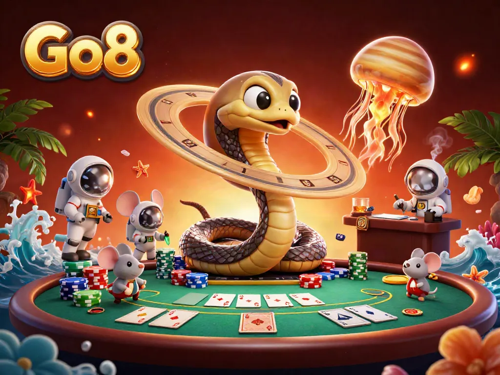 Experience thrilling bets with Go8 at a cosmic casino featuring poker chips and roulette.