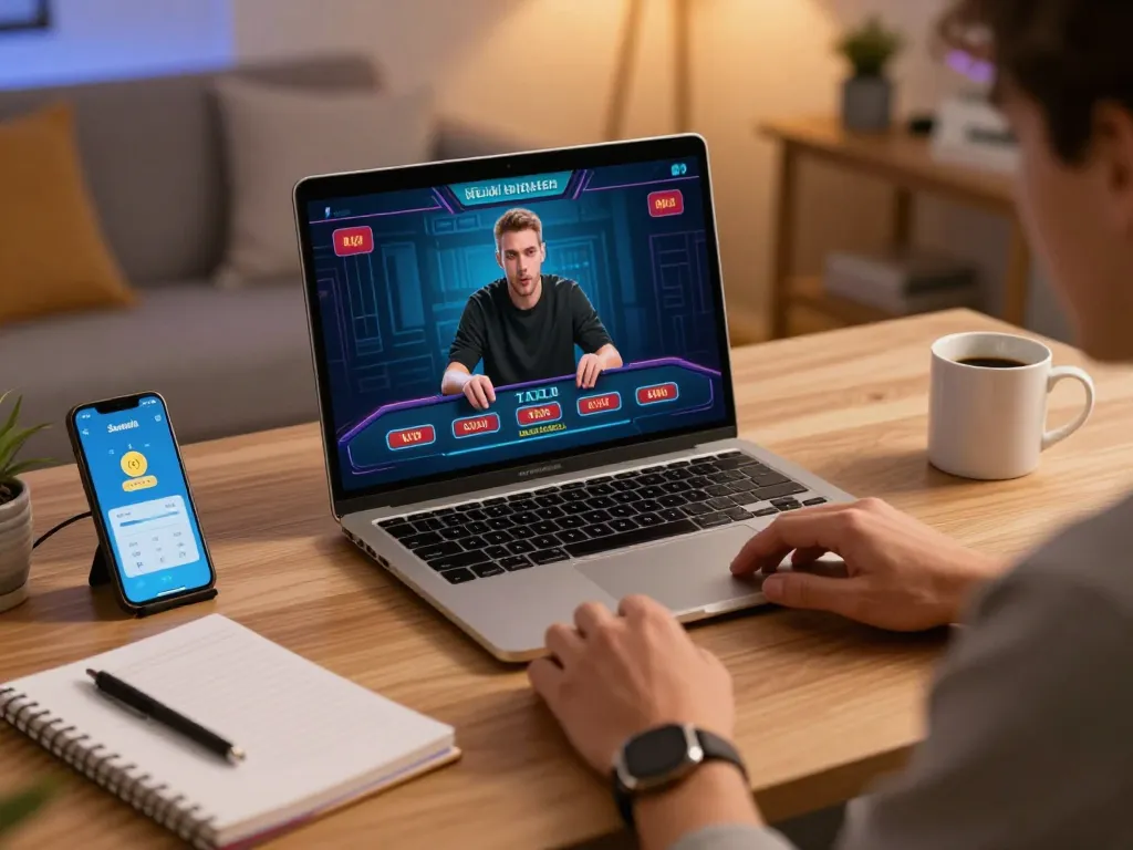 Engaging in Sunwin online gambling at home with live dealer game setup.