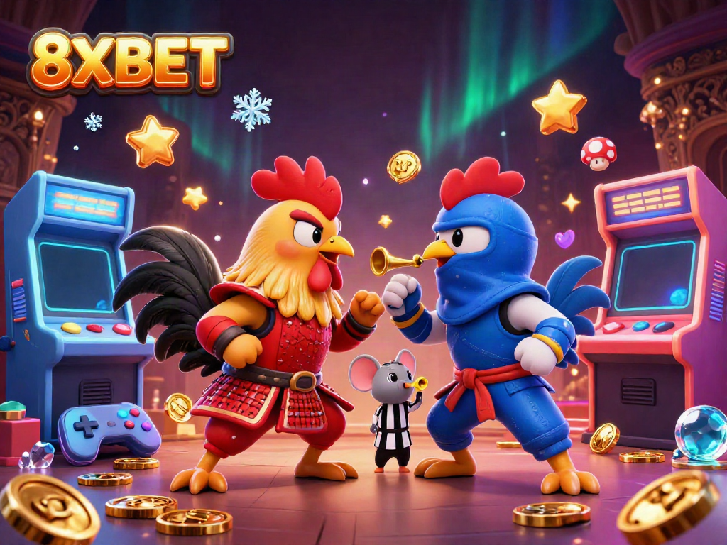 Watch two fighting roosters in samurai and ninja styles duel amidst casino-themed arcade games and a vibrant aurora backdrop, 8XBET branding.