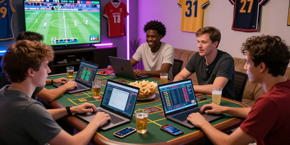 Excited friends engaging in online betting activities with displays of ok 8386 and gaming setups.