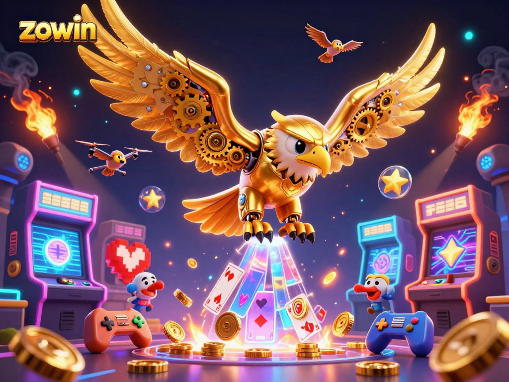 Join the action in zowin with a stunning golden eagle soaring through holographic cards.