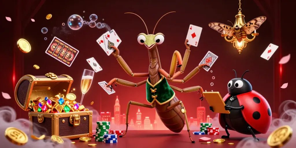 Mu88 giant praying mantis card sharp dealing cards in a vibrant casino scene.