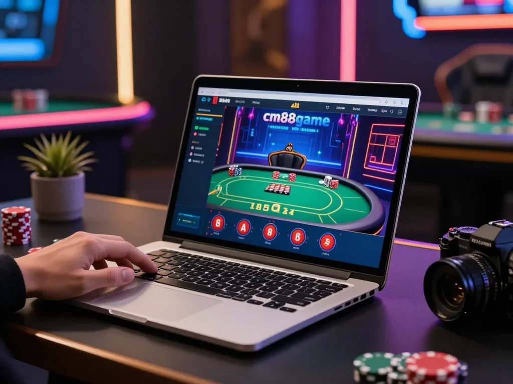 Engaging in cm88game online poker strategy at a modern gaming setup, showcasing excitement and focus.