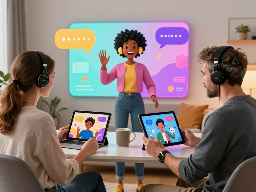 Engaging virtual conversation showcasing free ai sex chat with animated AI avatars on tablets.