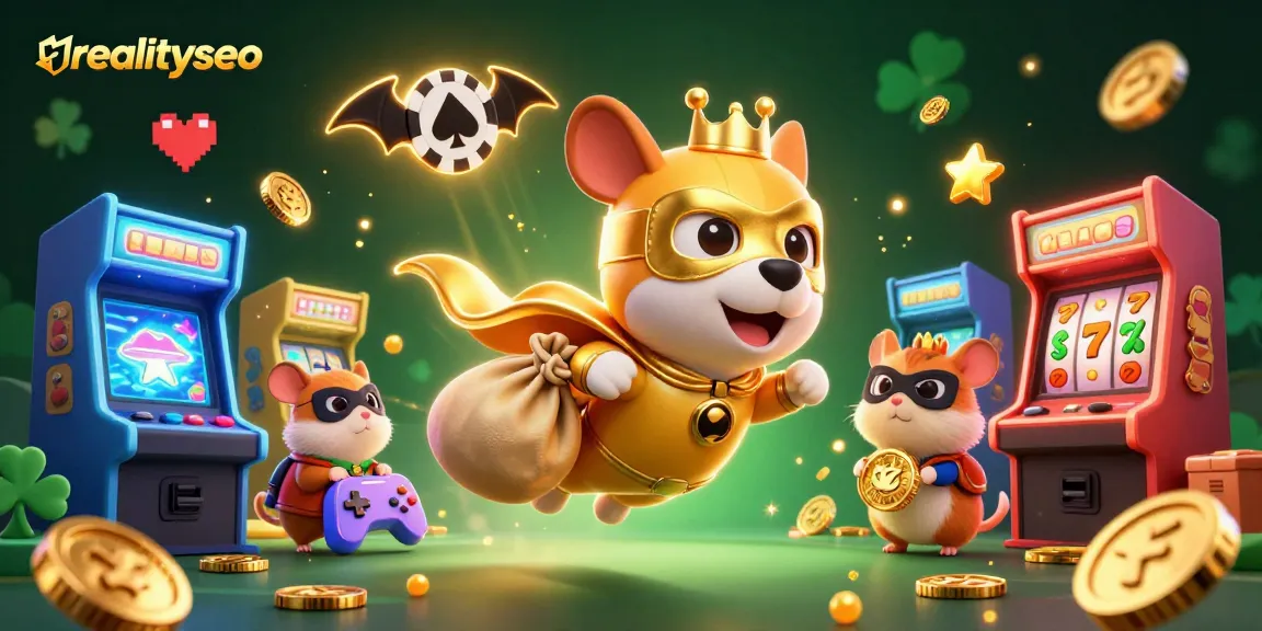 Experience the thrilling world of realityseo with a superhero dog and hamster amidst slot reels and colorful casino games.