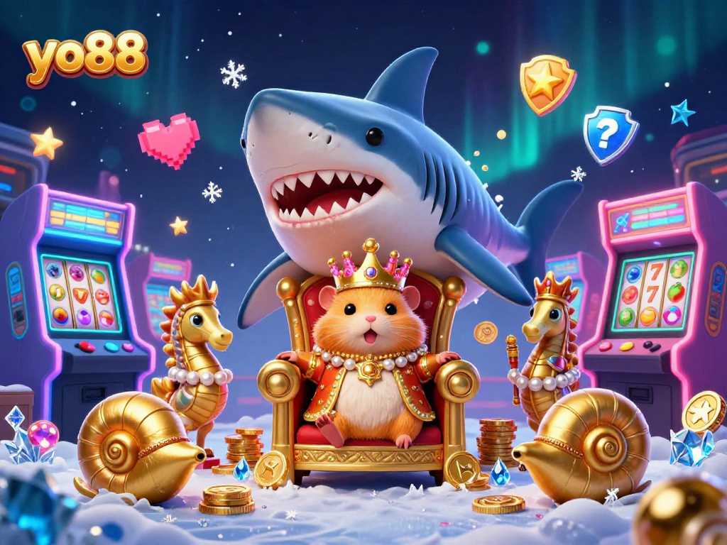 yo88 casino illustration depicting a golden hamster king on a shark tooth throne with gaming elements.