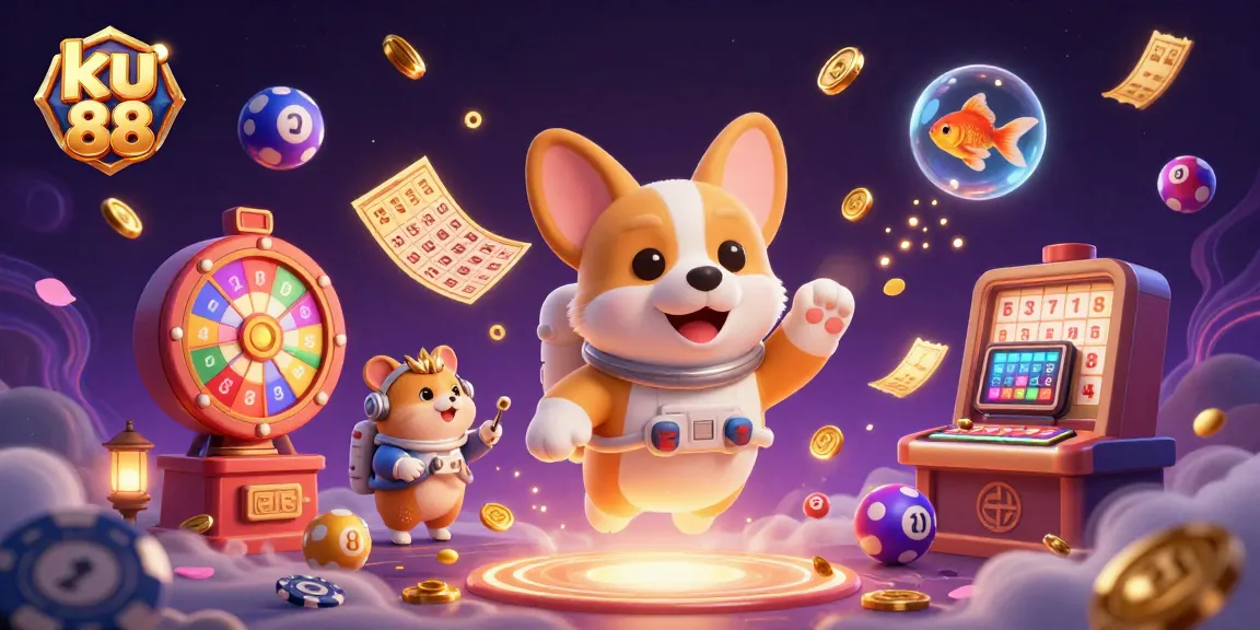Engage with ku 88 in a vibrant space station casino scene featuring arcade fun and dynamic lottery elements.