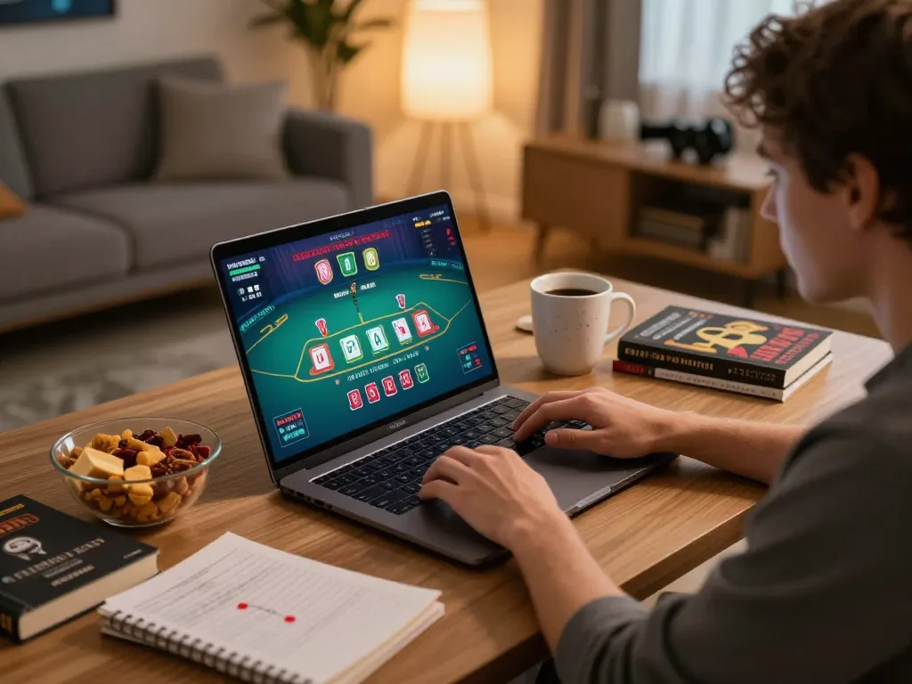 OKFUN player enjoying an online blackjack game in a cozy home setting, showcasing dynamic gameplay and strategic thinking.