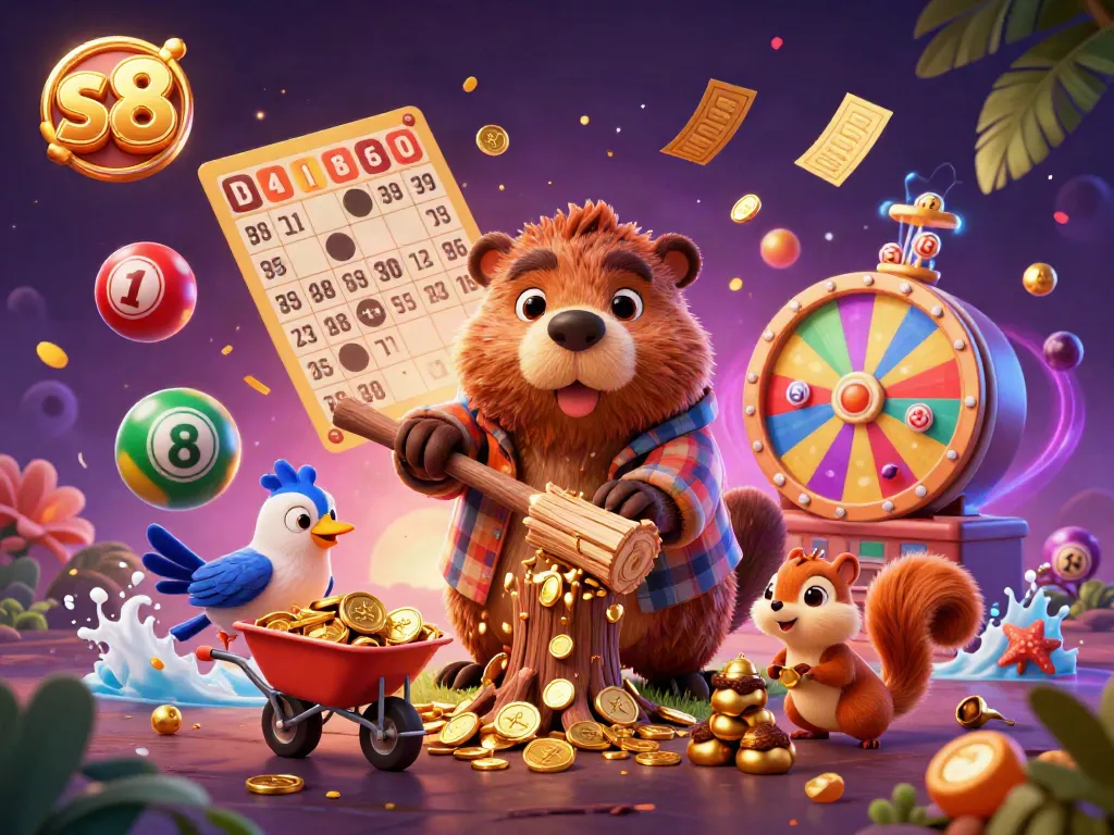 Experience thrilling moments with S8 as a beaver spins coins in a vibrant casino illustration.